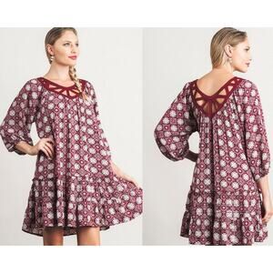 Umgee Wine Medallion Lattice 3/4 Bishop Sleeve A-Line‎ Dress Small
